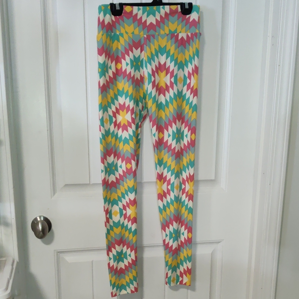 LuLaRoe Geometric Print Leggings - Pink, Yellow, Teal, White One size